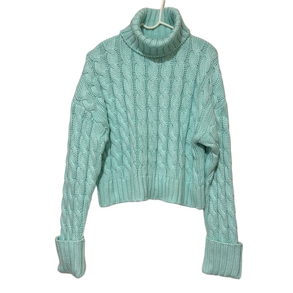 Sokie Collective Cable Turtleneck Crop Sweater Mint Size Medium Wool Blend NWT - Picture 2 of 10